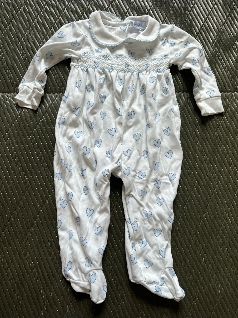 Nellapima Blue Heart Print Smocked Footie Pima Cotton 9-12mo EUC